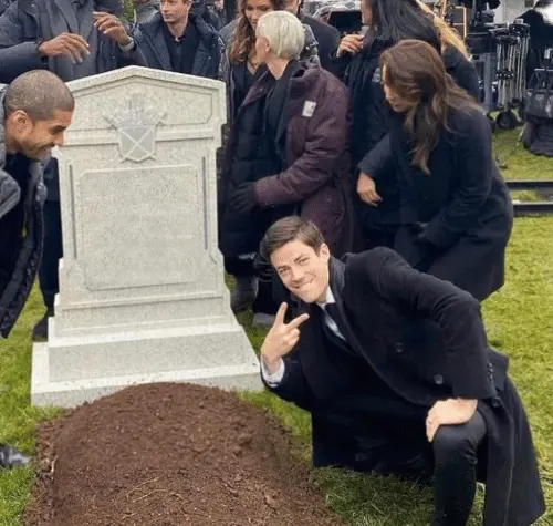 Grant Gustin over grave blank meme template