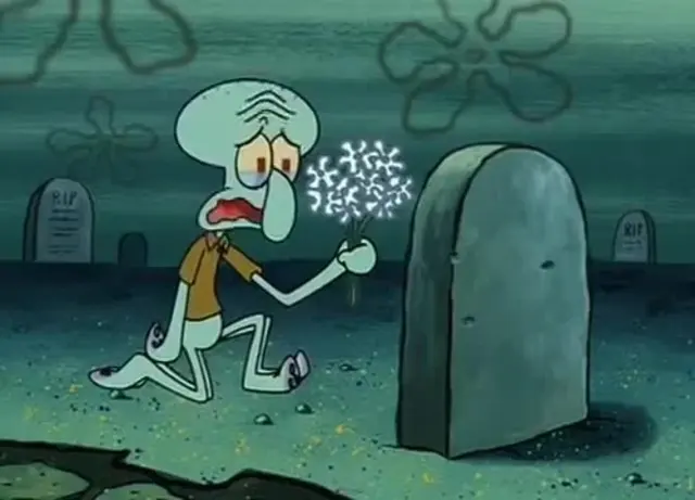 Squidward puts flowers on the grave blank meme template