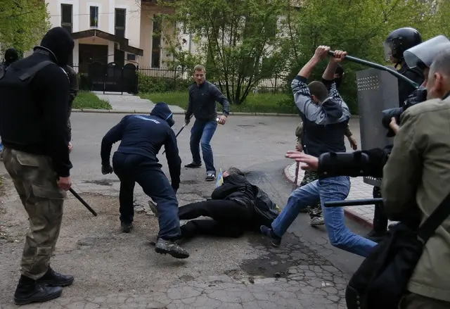 Men with clubs beat a man blank meme template