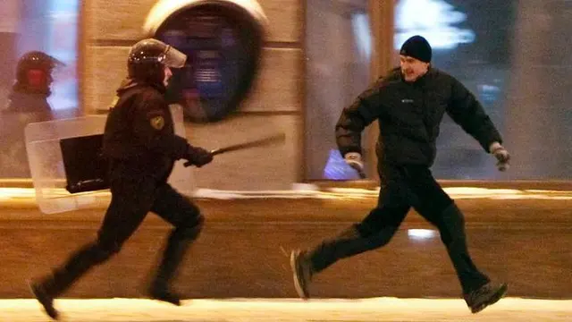 Protester runs away from police officer blank meme template