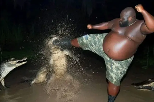 Fat man eats pizza and kicks an alligator blank meme template
