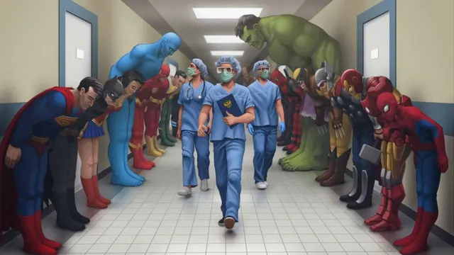 Superheroes Bowing in a Hospital Hallway blank meme template