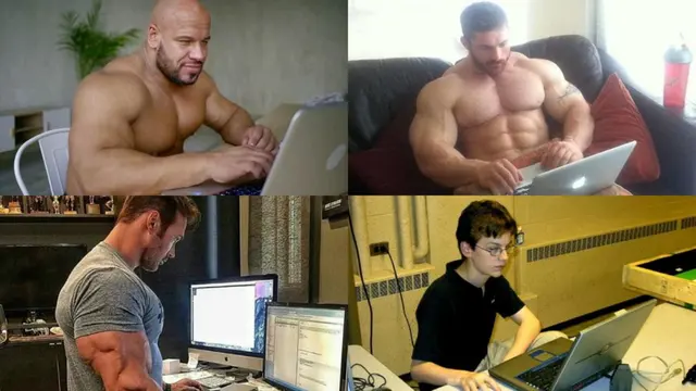 Buff Guys Typing on Laptops blank meme template